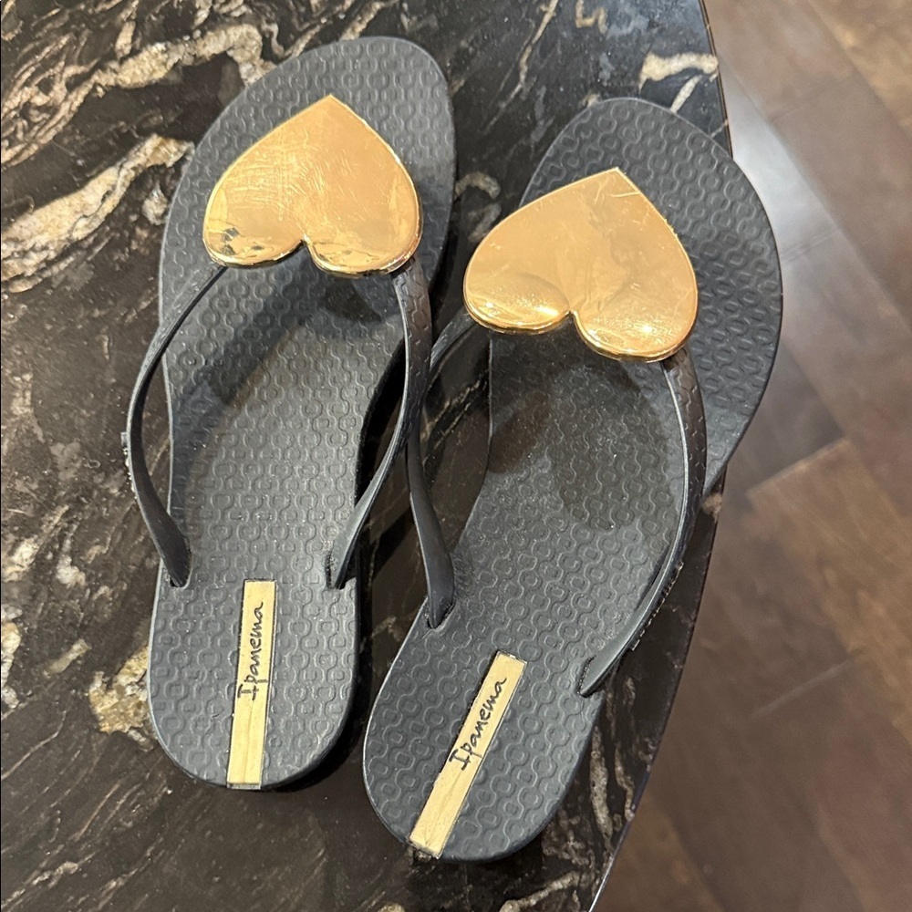 Ipanema Black Sandals with Gold Heart Accents